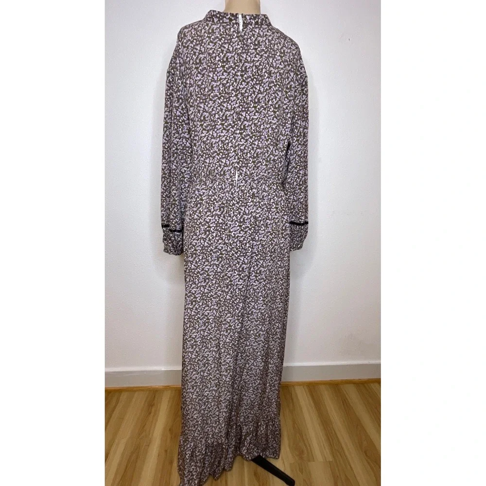 Women Maxi Dress Floral Cottagecore Prairie Ruffle XXL Purple Olive